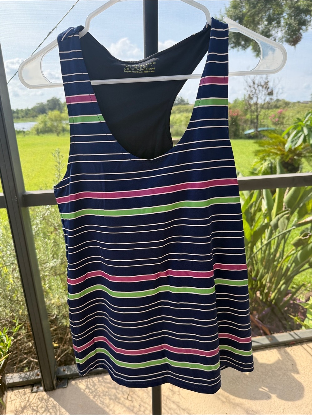 Striped Navy athletic racerback Tank Top with Pink & Green Accents